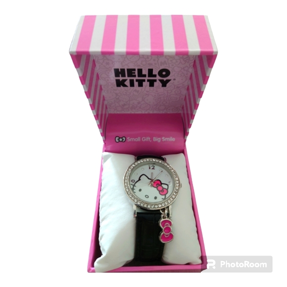 Hello Kitty Watch Black Band with Pink Bow Charm Gift Box NEW! - Picture 2 of 5